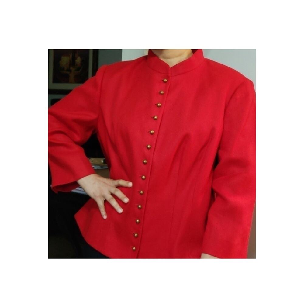VTG LAUREN RALPH LAUREN Military Jacket Wmn 20W Red 100% Linen Blazer‎ Button